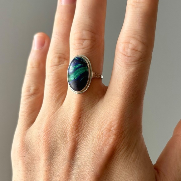Vintage 14K White Gold Azurite Malachite Ring Size 8 Blue Green Oval Cabochon - Picture 9 of 9